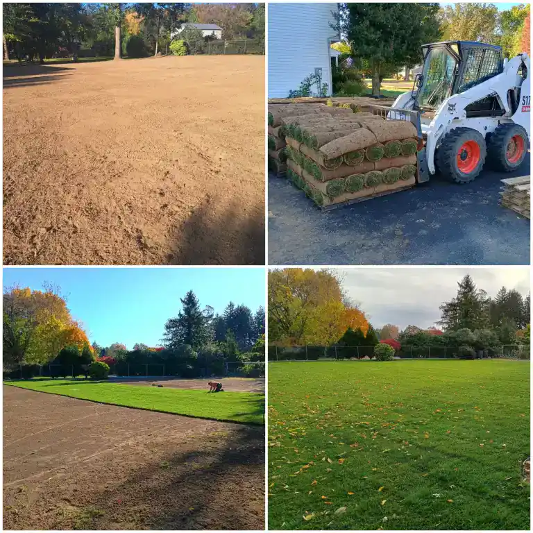 Four photos showing soil preparation, sod delivery, installation, and the finished lawn in Yardley, PA